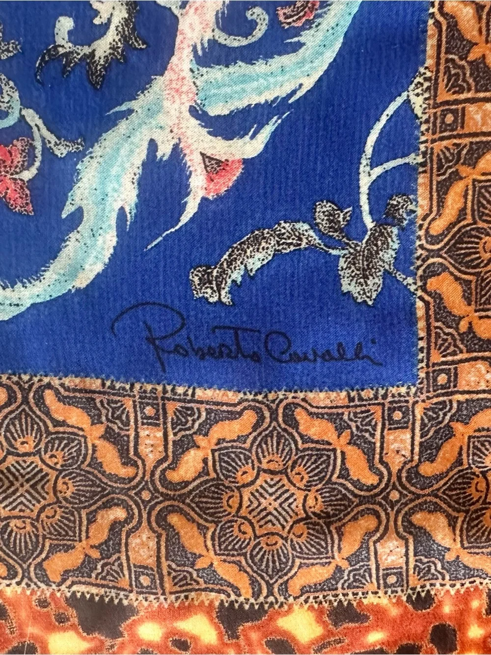 ROBERTO CAVALLI Blue Multicolor Ornate Silk Scarf